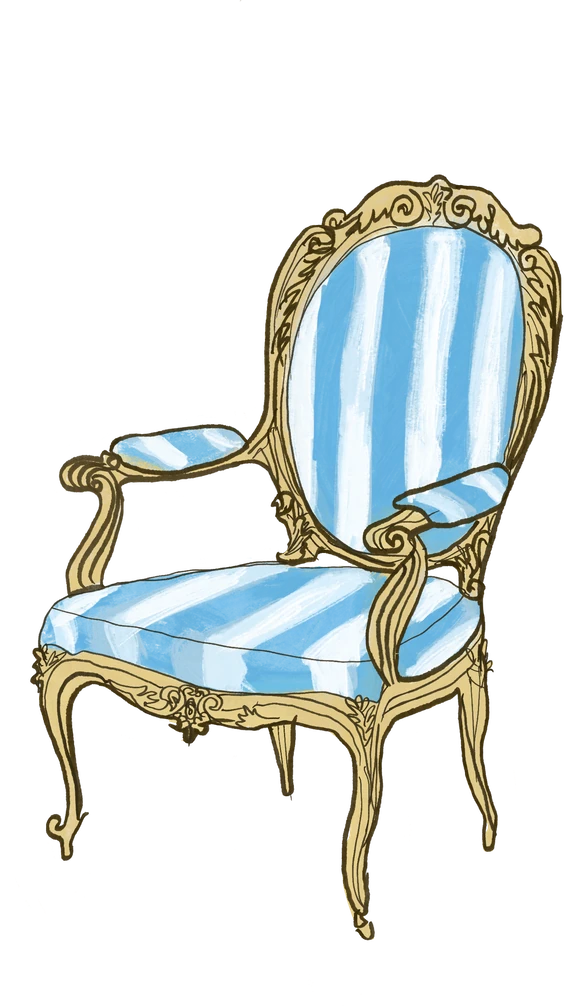 a victorian armchair, striped blue and white