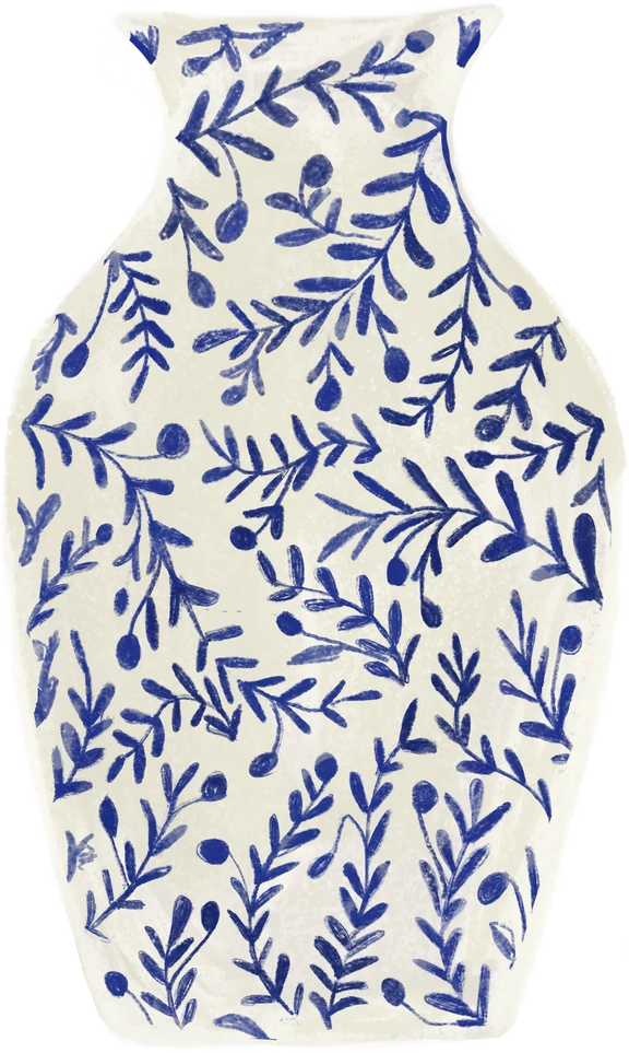 a cream floor vase painted with blue olive branches